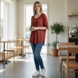 Heyson Women’s Top Waffle Texture Rust 3-Botton S. Sleeve Hi-Lo Size-L NWT